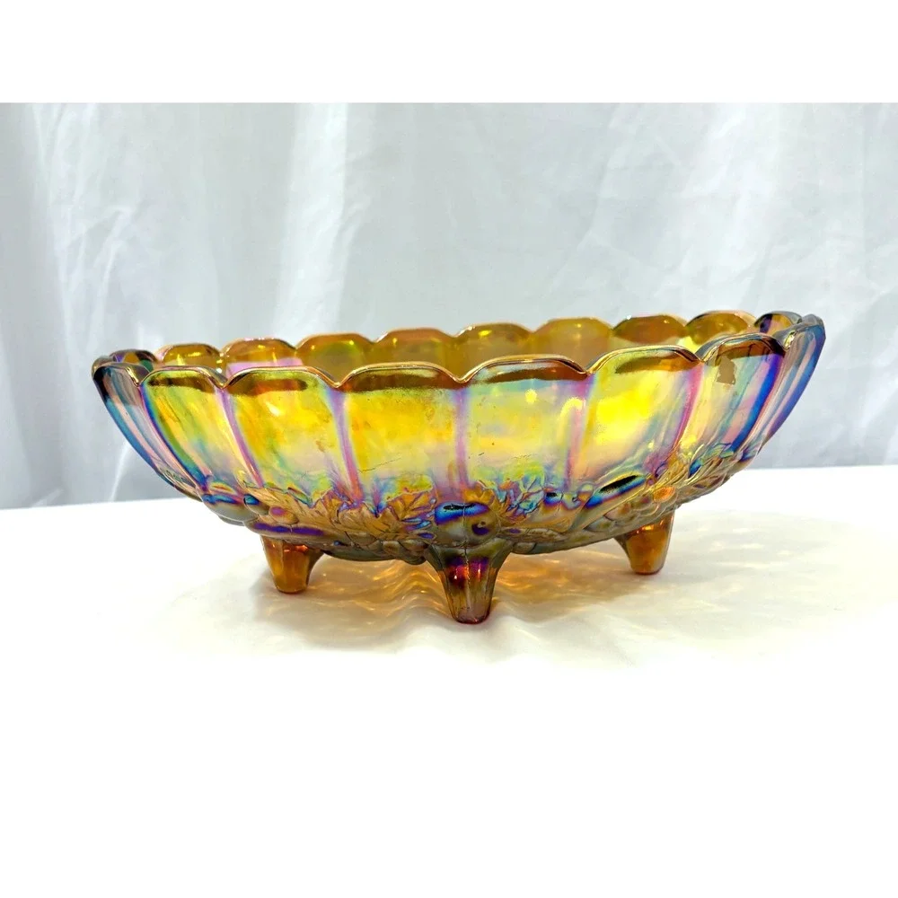 Vintage Amber Carnival Glass Footed Fruit Bowl– Iridescent Marigold Grape & Leaf
